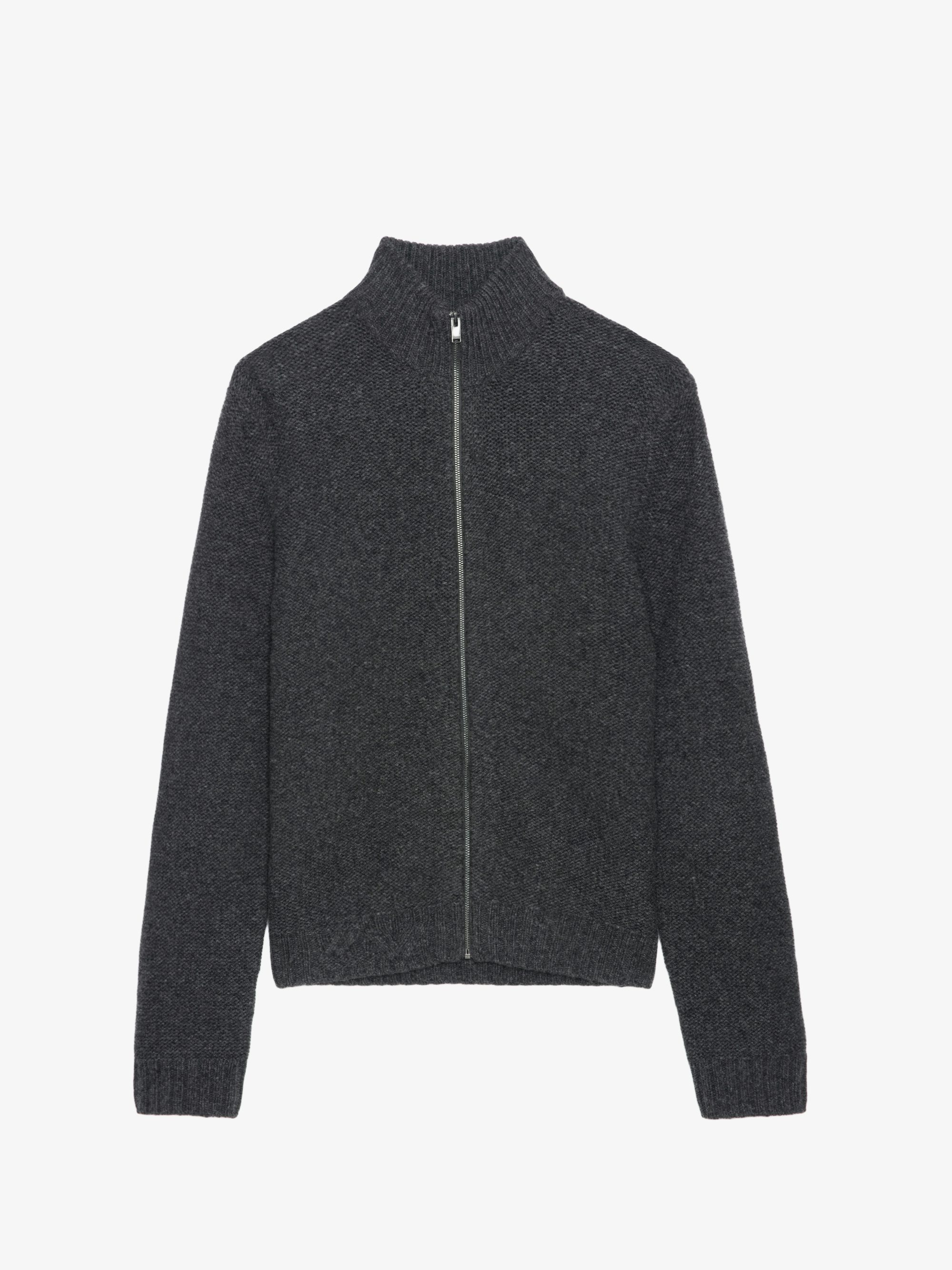 Cardigan Charly 100% Merinowolle - Cardigan mit Reißverschluss aus 100% dunkelgrauer Merinowolle mit Stehkragen, langen Ärmeln und Skull-Muster auf der Rückseite.